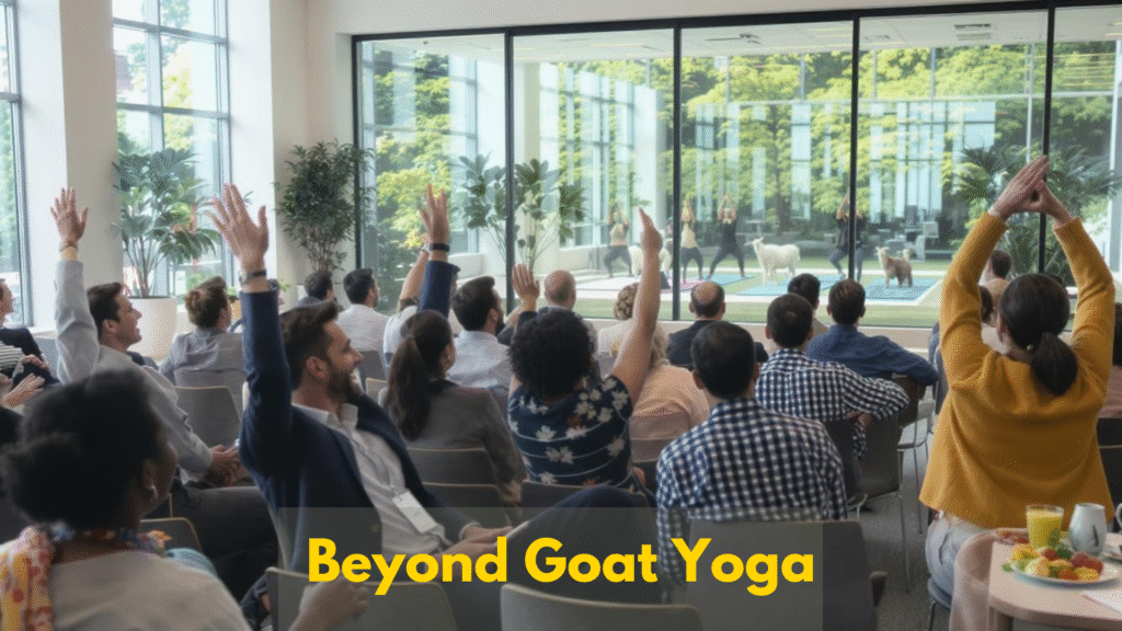 a group of people in a room raising their hands